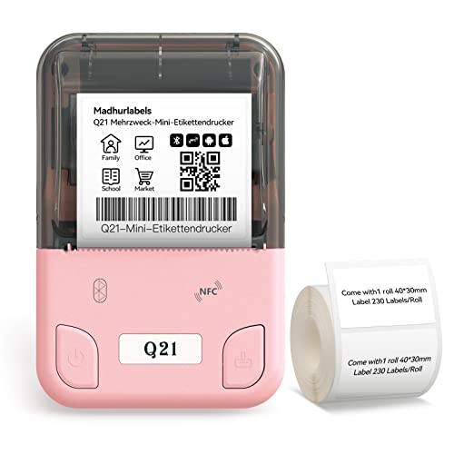 Madhurlabels Q21 Tragbarer Handgerät Thermo Tragbarer Etikettiergerät Bluetooth-Etikettendrucker für kleine Unternehmen im Heim Büro, mit 1 Packung 40 × 30 mm Etikett, kompatibel mit iOS Android USB von Madhurlabels