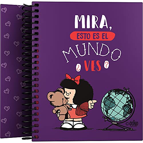 Mafalda 16522638 Kleines Notizbuch A6, Spiralbindung, gefütterter Hardcover, Lineatur 5 x 5, FSC-zertifiziert, Kollektion Mafalda, Weltkarte von Mafalda