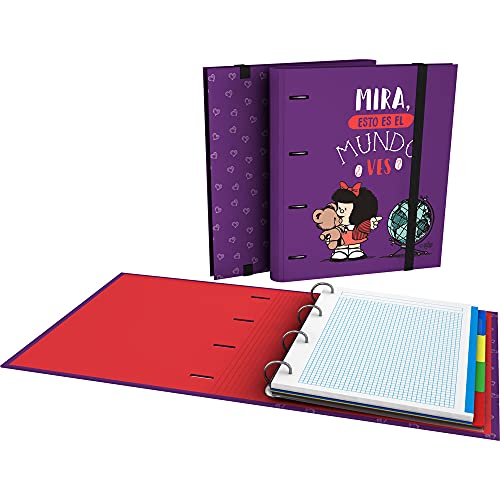 Mafalda 88102638 Ringbuch mit 4 Ersatzblättern, A4, kariert, 5 x 5 Register, transparenter Umschlag, gebogener Rücken, Carpebook, Mafalda-Kollektion, Weltkarte von Mafalda