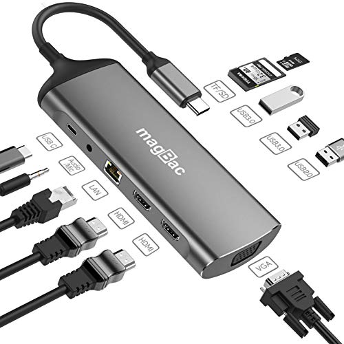 MagBac USB-C-Hub, Laptop-Dockingstation, 11-in-1-Adapter mit Gigabit-Ethernet, Dual 4K HDMI, VGA, USB 3.0, Micro SD/TF-Kartenleser, Stromversorgung, kompatibel mit voll funktionsfähigen Typ-C-Laptops von MagBac