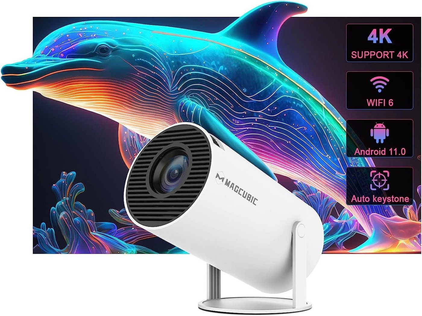 Magcubic Mini Tragbarer Beamer Trapezkorrektur 4K 200 ANSI Smart Projektor WiFi Mini-Beamer (10000:1, 1280 x 720 px, 4k Heim Kino Full HD Smart Heimkino Bluetooth Tragbar Mobil Minibeamer) von Magcubic