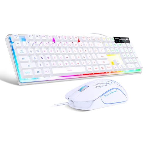 Gaming-Tastatur und Maus, K1 LED-Tastatur mit Regenbogen-Hintergrundbeleuchtung mit 104 Tasten, Computer-PC, Gaming-Tastatur für PC/Laptop (weiß) von MageGee
