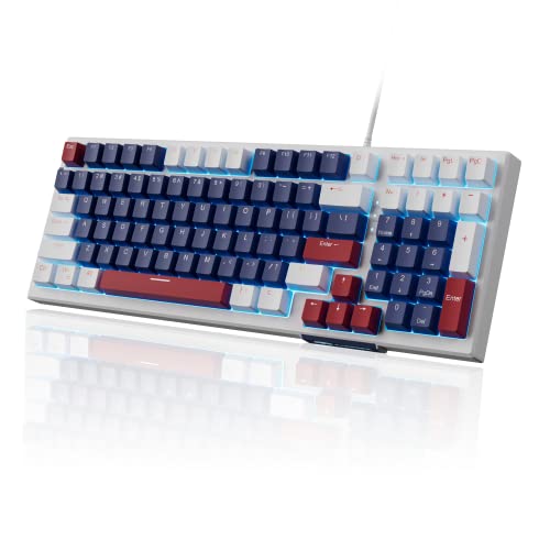 MageGee Mechanische Tastatur, Star Sky kabelgebundene Gaming-Tastatur mit Hintergrundbeleuchtung, ultradünn, USB-Tastaturen mit blauen Schaltern, 98 Tasten für PC, Windows, Laptop (Weiß, Blau) von MageGee