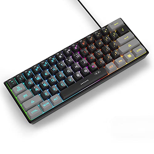 MageGee Mini-Gaming-Tastatur, 60 % RGB-Hintergrundbeleuchtung, 61 Tasten, ultrakompakte Tastatur, TS91, ergonomisch, wasserdicht, mechanisches Gefühl, PS4, Xbox One Gamer (grauschwarz) von MageGee