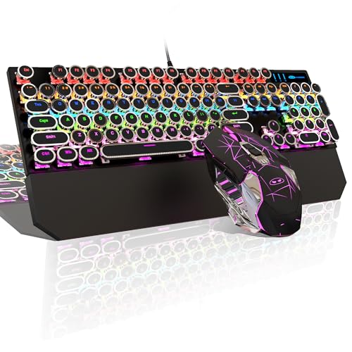Schreibmaschine, mechanische Gaming-Tastatur und Maus-Kombination, Retro-Punk-runde Tastenkappen, RGB-Regenbogen-LED-Hintergrundbeleuchtung, für Windows Laptop PC, rote Schalter (schwarz) von MageGee
