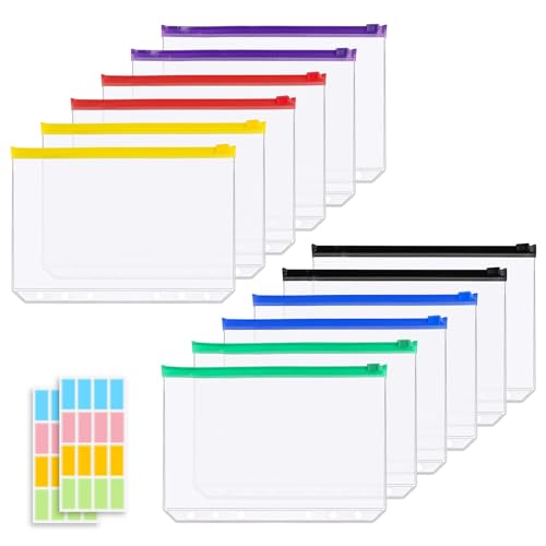 A5 Binder Taschen, 12 Stück 6-Loch Bindertaschen Reißverschluss Mappe mit 2 Aufkleber Etikett, Klarsichthüllen A5 Ringbuch, Budget Planner Zubehör, für Dateien Dokumente Notizbücher Karten von MagiSel
