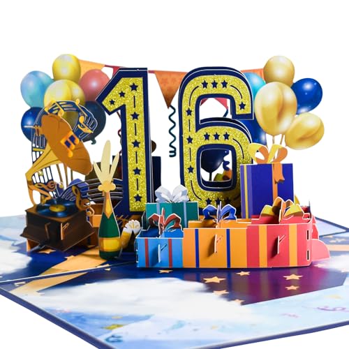 Magic Ants Geburtstagskarte zum 16. Geburtstag und Jahrestag – Sweet 16 für Mädchen, Jungen, Tochter, Sohn, Enkelin, Nichte – Pop-Up-Karte mit Luftballons, Party-Thema, Umschlag und Nachricht von Magic Ants