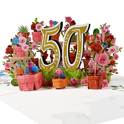 Magic Ants Jubiläumskarte, Geburtstagskarte, Hochzeitstag, 3D Grußkarte, 50 Jahre alte Geburtstagskarte, Glückwunschkarte mit Rosenblumenstrauß (50) von Magic Ants