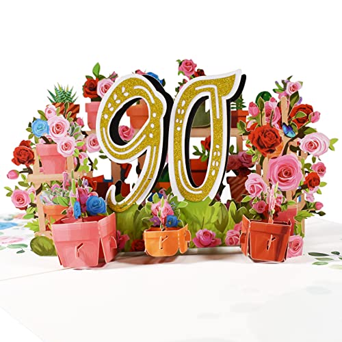 Magic Ants Jubiläumskarte, Geburtstagskarte, Hochzeitstag, 3D Grußkarte, 90 Jahre alte Geburtstagskarte, Glückwunschkarte mit Rosenblumenstrauß (90) von Magic Ants