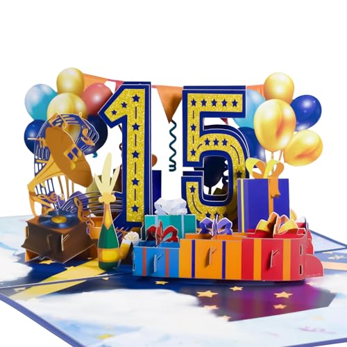 Magic Ants Karte zum 15. Geburtstag und Jahrestag – Sweet 15 für Mädchen, Jungen, Tochter, Sohn, Enkelin, Nichte – Pop-Up-Karte mit Luftballons, Party-Thema, Umschlag und Nachrichtennotiz von Magic Ants