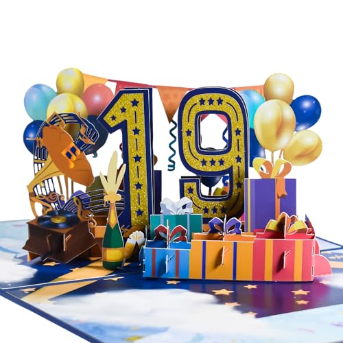 Magic Ants Karte zum 19. Geburtstag und Jahrestag – Sweet 19 für Mädchen, Jungen, Tochter, Sohn, Enkelin, Nichte – Pop-Up-Karte mit Luftballons, Party-Thema, Umschlag und Nachrichtennotiz von Magic Ants
