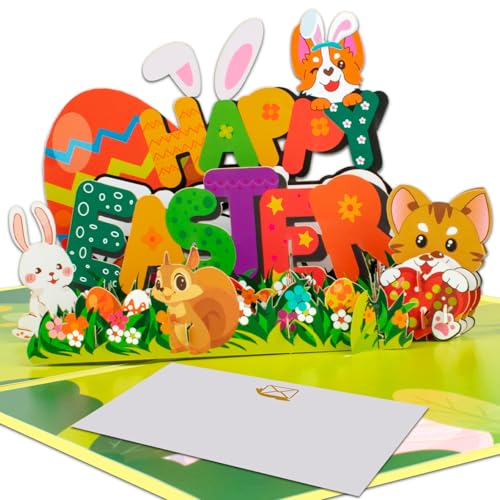 3D Pop-Up Osterkarte Frohe Ostern Grußkarte mit Niedlichem Corgi Katze Kaninchen Eichhörnchen Dekorierten Eiern Blumen und Frühlingsgarten Szene Religiöse Osterkarte für Kinder und Erwachsene von Magic Ants