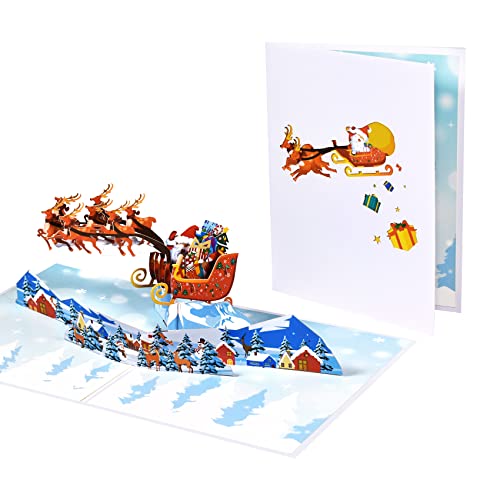 Magic Ants Weihnachtskarte, Pop-up-Weihnachtskarte, 3D-Neujahrsgrusskarten fuer Winterurlaubskarte Kinder Frauen Frau Mann Papa Mama (Weihnachtsschlitten fliegendes Rentier von Magic Ants