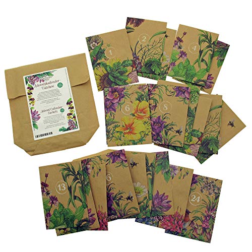 24 Adventskalender-Tütchen zum Selbstbefüllen aus braunem Packpapier, bedruckt mit wunderschönen bunten Pflanzenillustrationen und Nummern von Magic Garden Seeds