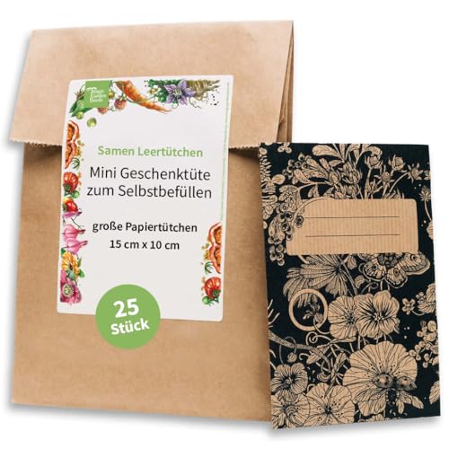 Große Samentütchen, Flachbeutel, Mini-Geschenktüte zum Selbstbefüllen und Beschriften für eigenes geerntetes Saatgut, Geschenke, Globuli - 25 Stück aus braunem, bedrucktem Packpapier von Magic Garden Seeds