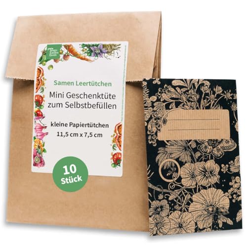 Samentütchen, Flachbeutel, Mini-Geschenktüte zum Selbstbefüllen und Beschriften für eigenes geerntetes Saatgut, Geschenke, Globuli - 10 Stück aus braunem, bedrucktem Packpapier von Magic Garden Seeds