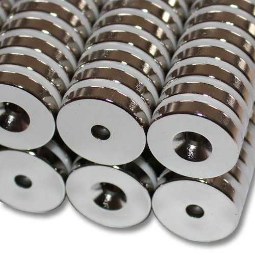 Magnethandel I 20 Stück Neodym Ringmagnete Ø 20 x Ø 4,2 x 4 mm Süd mit Bohrung und Senkung Starke Scheibenmagnete mit Bohrung Supermagnete Haftkraft 7,5kg Ringmagnete zum Verschrauben von Magnethandel