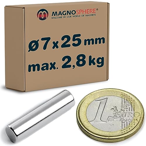 10 x Stabmagnet Neodym Magnet-Stab Ø 7 x 25mm Neodym N45 (NdFeB) vernickelt - Haftkraft 2,8 kg - 10 Pack - runde Magnete Extra Stark für Kühlschrank Magnet-Tafel Glas-Boards Pinnwand Whiteboard DIY von Magnosphere