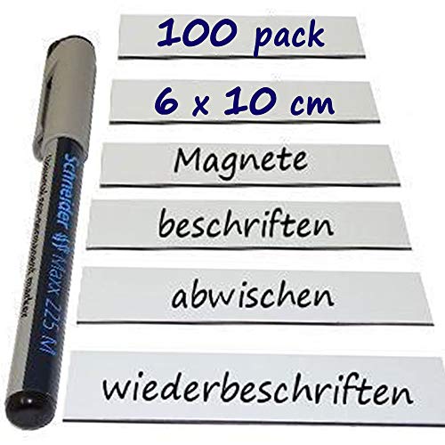 100 Magnetschilder Magnetstreifen Magnet-Etiketten beschreibbar/abwischbar in weiß - Magnet Namensschilder Lageretiketten - für Regale Kühlschrank, Größe:6 x 10 cm, Stückzahl:100 Stück von Magnosphere