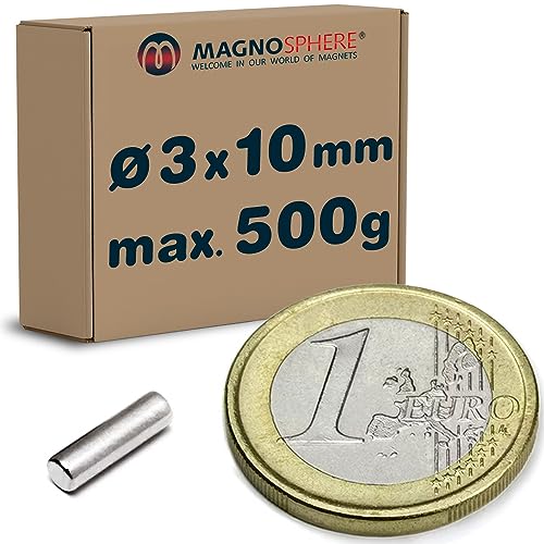 100 x Stabmagnet Neodym Magnet-Stab Ø 3 x 10mm Neodym N45, vernickelt - Haftkraft 500g - 100 Pack - kleine runde Magnete Extra Stark für Kühlschrank Magnet-Tafel Glas-Boards Pinnwand Whiteboard DIY von Magnosphere