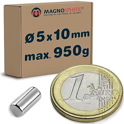 40 x Stabmagnet Neodym Magnet-Stab Ø 5 x 10mm Neodym N45, vernickelt - Haftkraft 950g - 40 Pack - kleine runde Magnete Extra Stark für Kühlschrank Magnet-Tafel Glas-Boards Pinnwand Whiteboard DIY von Magnosphere