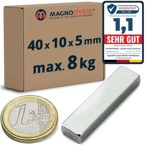 Quadermagnet Neodym Magnet-Quader Extra Stark - Haftkraft bis 800kg - Starke Blockmagnete - Rechteckige NdFeB Magnete, Stückzahl/Größe: 5 Stück - 40x10x5mm | 8kg Haftkraft von Magnosphere