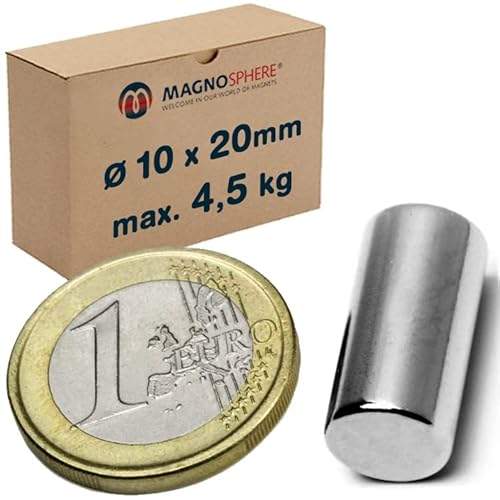 5 x Stabmagnet Neodym Magnet-Stab Ø 10 x 20mm Neodym N45 (NdFeB) vernickelt - Haftkraft 4,5 kg - 5 Pack - runde Magnete Extra Stark für Kühlschrank Magnet-Tafel Glas-Boards Pinnwand Whiteboard DIY von Magnosphere