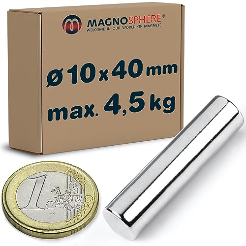 5 x Stabmagnet Neodym Magnet-Stab Ø 10 x 40mm Neodym (NdFeB) vernickelt - Haftkraft 4,5 kg - 5 Pack - runde Magnete Extra Stark für Kühlschrank Magnet-Tafel Glas-Boards Pinnwand Whiteboard DIY von Magnosphere