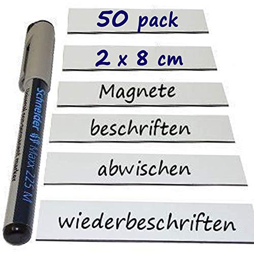 50+ Magnetschilder Magnetstreifen Magnet-Etiketten beschreibbar/abwischbar - in WEIß - als Namensschilder Lageretiketten für Lager Werkstatt Kühlschrank, Größe: 2 x 8 cm, Stückzahl: 50 Stück von Magnosphere