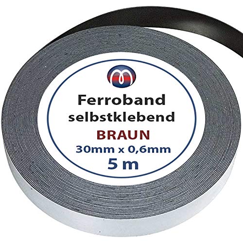 Ferroband Eisenband Selbstklebend Roh Braun 30 mm x 0,6 mm x 5 m Eisenfolie unbeschichtet mit Premium-Kleber - flexibles Haftgrund Haftband für Magnete - Selbstklebende Magnethaft-Wand-Leiste von Magnosphere