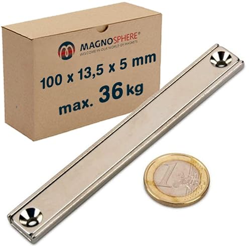 Magnetleiste starker Magnethalter 100 x 13,5 x 5mm, 1 Stück, Neodym Magnet extra stark mit Senkbohrung, starker Halt, für Büro, Haushalt oder Werkstatt von Magnosphere