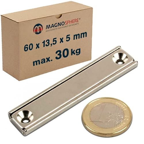 Magnetleiste starker Magnethalter 60 x 13,5 x 5mm, 2 Stück, Neodym Magnet extra stark mit Senkbohrung, starker Halt, für Büro, Haushalt oder Werkstatt von Magnosphere