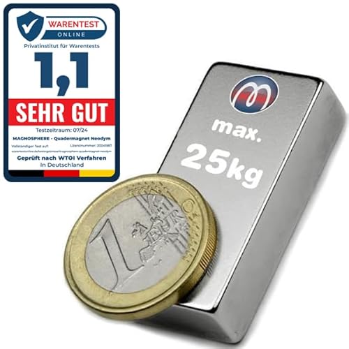 Quadermagnet Neodym Magnet-Quader Extra Stark - Haftkraft bis 800kg - Starke Blockmagnete - Rechteckige NdFeB Magnete, Größe: 40x20x10mm - 25kg Haftkraft von Magnosphere