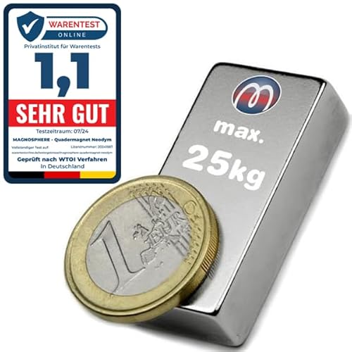 Neodym Magnet-Quader Quadermagnet (NdFeB) - Größe & Stückzahl wählbar - Haftkraft bis 800kg - Extra Starke Block-Magnete (Supermagnete), Größe: 40x20x10mm - 25kg Haftkraft von Magnosphere