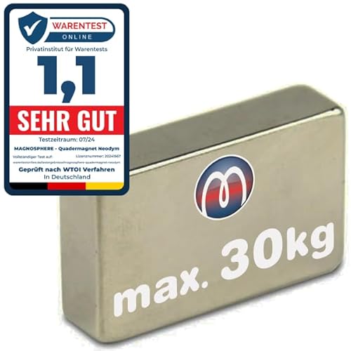Quadermagnet Neodym Magnet-Quader Extra Stark - Haftkraft bis 800kg - Starke Blockmagnete - Rechteckige NdFeB Magnete, Größe: 40x30x10mm - 30kg Haftkraft von Magnosphere