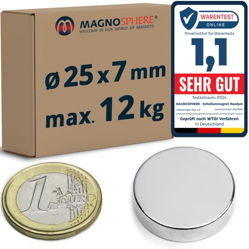 Neodym Scheibenmagnet Rundmagnet Magnet-Scheibe - Größe wählbar - Haftkraft bis 750kg - Starke Magnete (NdFeB) Supermagnete für Industrie und Zuhause, Menge/Größe: 5 Stück - Ø25x7mm | 12kg Haftkraft von Magnosphere