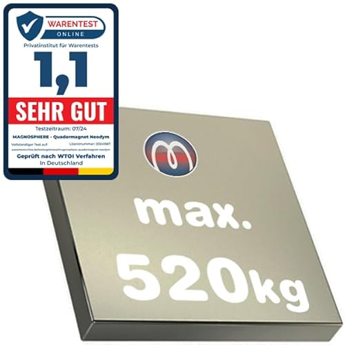 Quadermagnet Neodym (NdFeB) Magnet-Quader - Größe & Stückzahl wählbar - Haftkraft bis 800kg - Extra Starke Block-Magnete (Supermagnete), Größe: 100x100x20mm - 520kg Haftkraft von Magnosphere