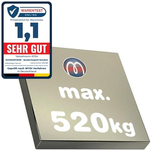 Quadermagnet Neodym Magnet-Quader Extra Stark - Haftkraft bis 800kg - Starke Blockmagnete - Rechteckige NdFeB Magnete, Größe: 100x100x20mm - 520kg Haftkraft von Magnosphere