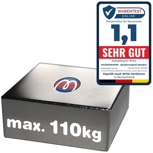 Quadermagnet Neodym (NdFeB) Magnet-Quader - Größe & Stückzahl wählbar - Haftkraft bis 800kg - Extra Starke Block-Magnete (Supermagnete), Größe: 50x50x20mm - 110kg Haftkraft von Magnosphere