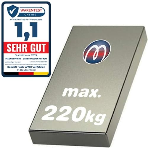 Quadermagnet Neodym (NdFeB) Magnet-Quader - Größe & Stückzahl wählbar - Haftkraft bis 800kg - Extra Starke Block-Magnete (Supermagnete), Größe: 80x40x20mm - 220kg Haftkraft von Magnosphere