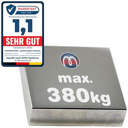 Quadermagnet Neodym (NdFeB) Magnet-Quader - Größe & Stückzahl wählbar - Haftkraft bis 800kg - Extra Starke Block-Magnete (Supermagnete), Größe: 80x80x10mm - 380kg Haftkraft von Magnosphere