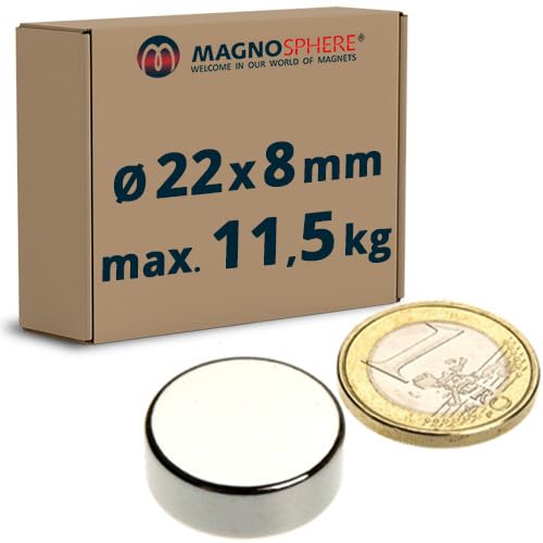 Scheibenmagnet Rundmagnet Neodym (NdFeB) - Größe wählbar - Haftkraft bis 750kg - Extra Starke Magnete (Magnet-Scheiben) für Industrie und Zuhause, Menge/Größe: 5 Stück - Ø22x8mm | 11,5kg Haftkraft von Magnosphere