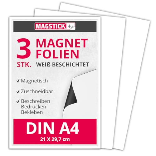 3er Set Magnet-Folie in DIN A4 I magnetisch, weiß beschichtet I permanent beschreibbar I für Kfz Auto LKW I Lager-Schild I Tür-Schild I mag_112 von Magstick