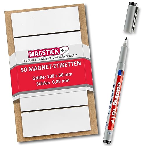 50 beschreibbare Magnet-Etiketten Magstick® I 10 x 5 cm weiß I magnetische Beschriftungsfolie beschreibbar Magnet-Streifen zum Beschriften I mag_153 von Magstick