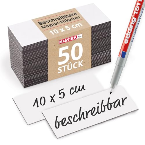 50 beschreibbare Magnet-Etiketten Magstick® I 10 x 5 cm weiß I magnetische Beschriftungsfolie beschreibbar Magnet-Streifen zum Beschriften I mag153 von Magstick