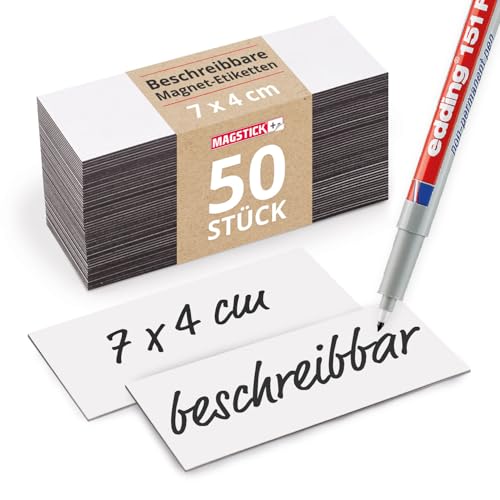 50 beschreibbare Magnet-Etiketten Magstick® I 7 x 4 cm weiß I magnetische Beschriftungsfolie beschreibbar Magnet-Streifen zum Beschriften I mag163 von Magstick