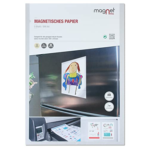 5er Set Magnetpapier I weiß I DIN A4 I DIY I magnetische Rückseite I mit gängigem Inkjet Drucker bedruckbar I zum Beschriften, bedrucken oder als magnetisches Foto-Papier I mag_250 von Magstick