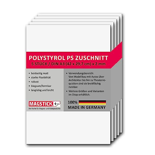 5er Set Polystyrol Platten weiß I DIN A3 Kunststoff-Hartplatten PS Zuschnitte I 29,7 x 42 cm I 2 mm Stärke I für Modellbau Architektur DIY I mag266 von Magstick