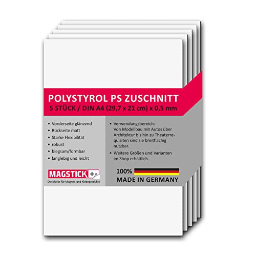 5er Set Polystyrol Platten weiß I DIN A4 Kunststoff-Hartplatten PS Zuschnitte I 29,7 x 21 cm I 0,5 mm Stärke I für Modellbau Architektur DIY I mag259 von Magstick