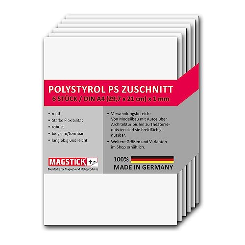 6er Set Polystyrol Platten weiß I DIN A4 Kunststoff-Hartplatten PS Zuschnitte I 21 x 29,7 cm I 1 mm Stärke I für Modellbau Architektur DIY I mag261 von Magstick